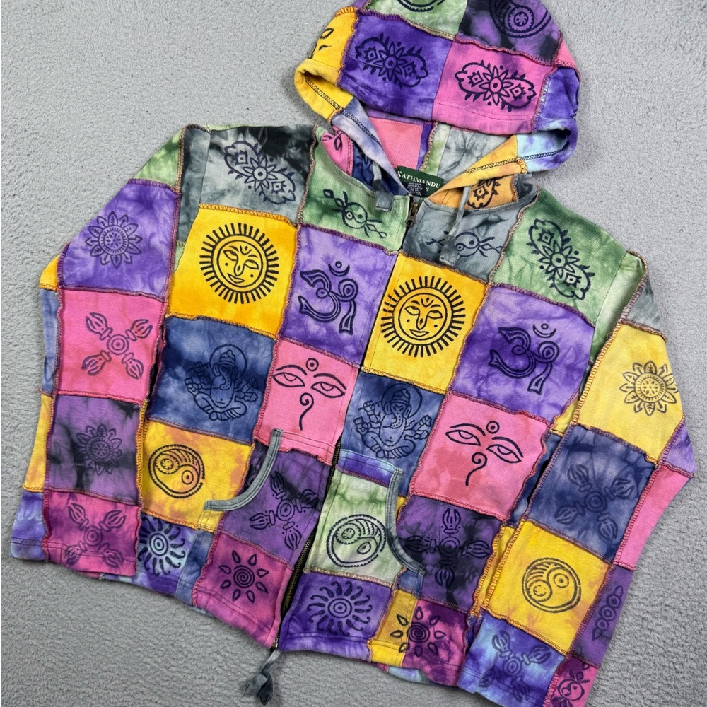 Kathmandu Imports patchwork hippie sun, moon, and Om symbols sweatshirt